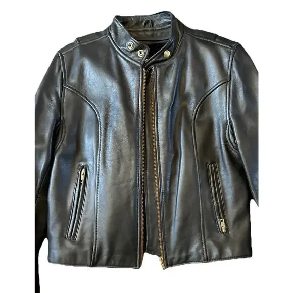 Vintage Womens Black Leather Moto Jacket Fur Lined Biker 12 Vtg Zip Liner - Picture 15 of 16